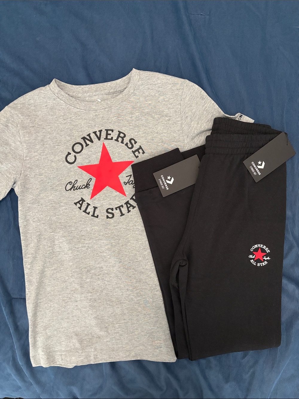 Converse Kids Gray Tee & Black Joggers with Red Star Logo